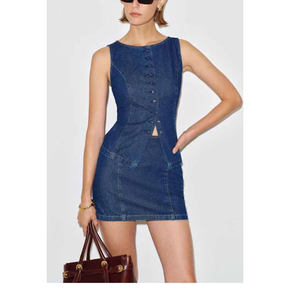 Reformation Lina Denim Two Piece Vest & Mini Skirt Set Size 4
